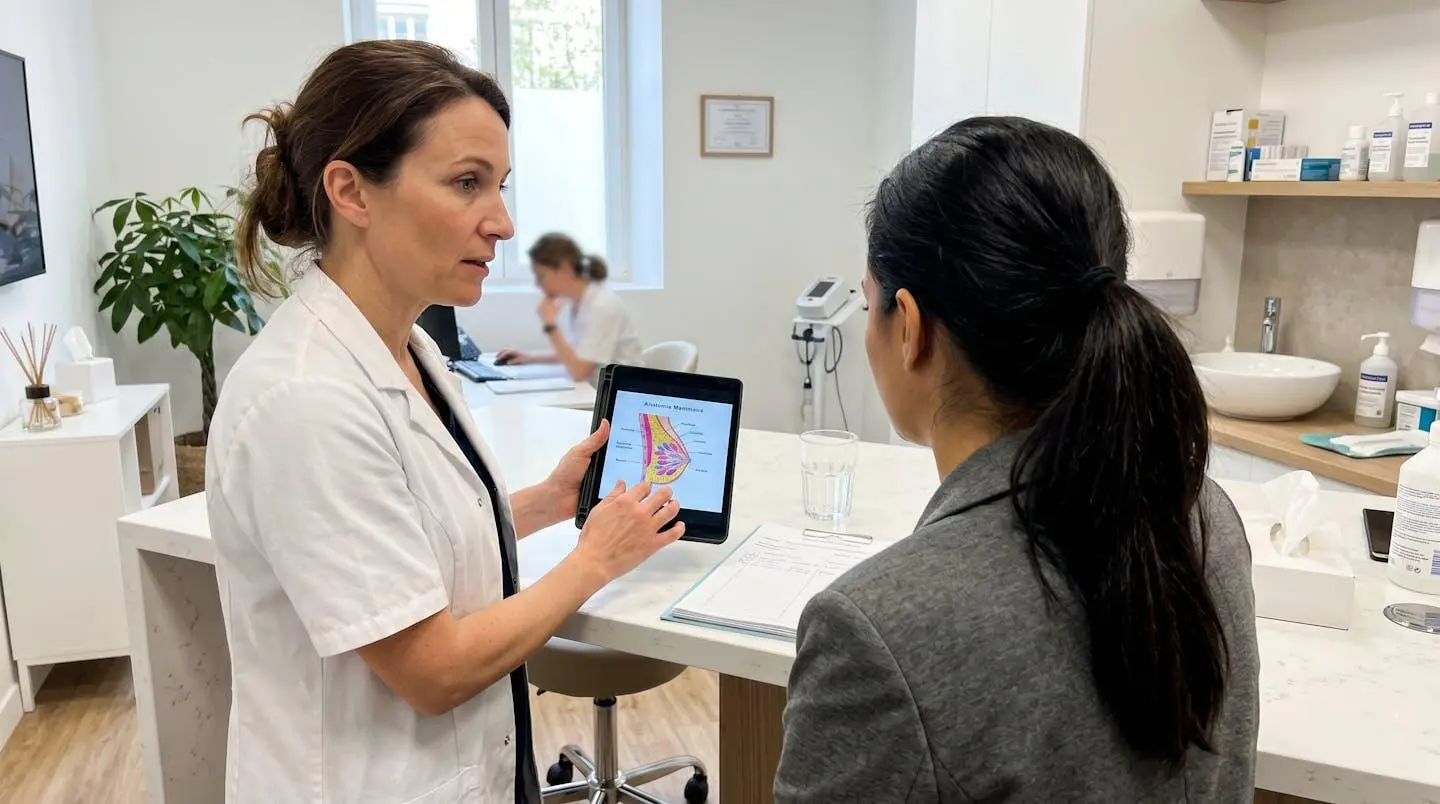 Chirurgien en blouse blanche vu de profil expliquant un schéma anatomique sur une tablette numérique avec un geste pédagogique de la main