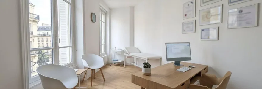Salle de consultation médicale contemporaine vide avec bureau en bois clair, fauteuil blanc et grande baie vitrée laissant entrer une lumière naturelle abondante