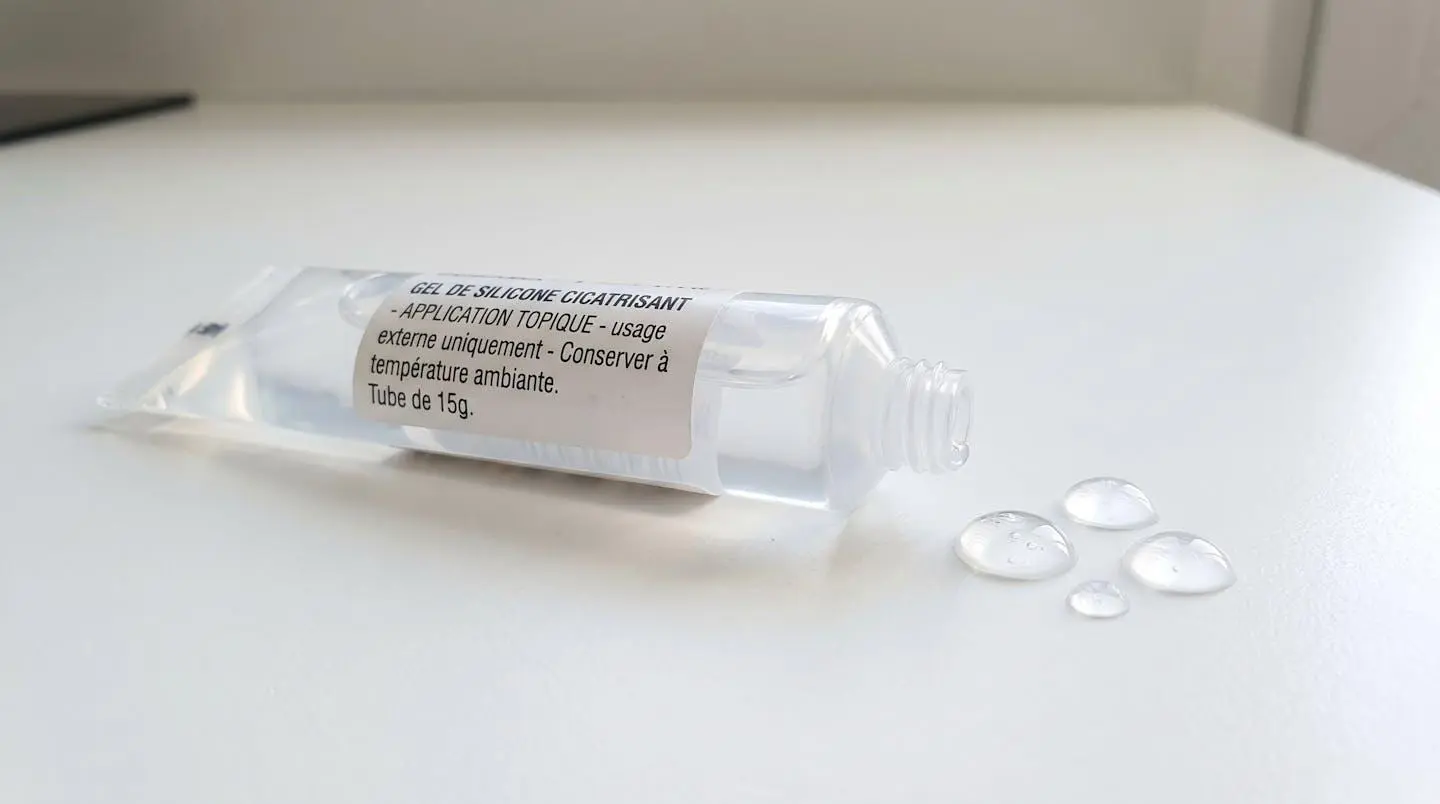 Gros plan macro sur un tube de gel de silicone médical transparent posé sur une surface blanche immaculée avec quelques gouttes de gel translucide visibles